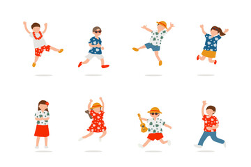 ハワイアンファッションで夏を楽しむ子ども8人セット © necoshimaco