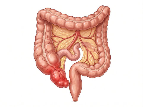 Large intestine illustration displays an inflamed cecum area indicating medical conditions like appendicitis or inflammation.