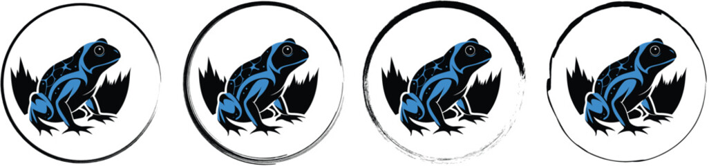 Obraz premium Four circular featuring a blue and black frog silhouette with a dark forest background, isolated on a white background