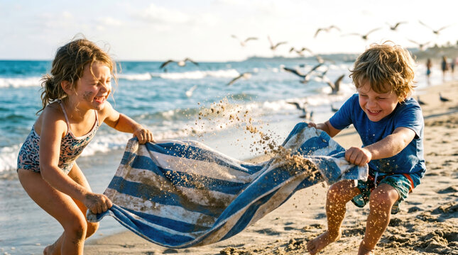 Happy children shaking sand off towel on sunny beach