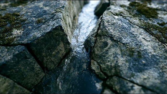 Water flowing through a narrow rocky crevice in nature