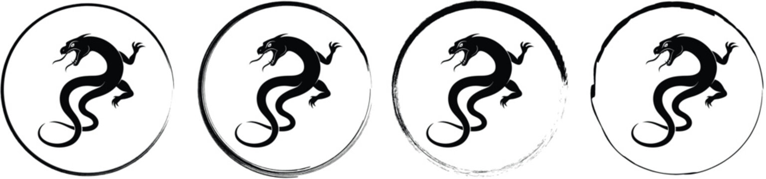 Set of four circular featuring a black dragon with varied black ink brush stroke borders on a white background surface