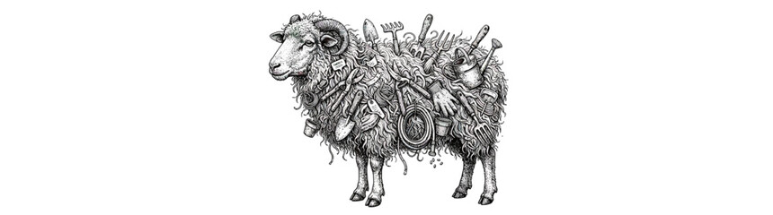 Detailed ink drawing of a sheep adorned with various objects. © Damung