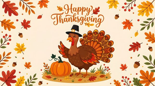 Festive thanksgiving illustration turkey pumpkin and autumn leaves for holiday greetings and decorations