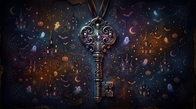 Vintage ornate metal key surrounded by small colorful halloween icons on a dark background