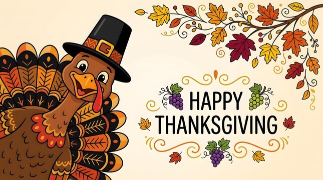 Festive thanksgiving illustration cartoon turkey with autumn leaves and 'happy thanksgiving' text