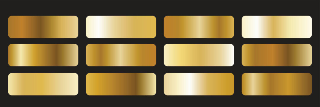 Gold gradient palette set with realistic metallic shiny bars isolated on black background. Golden foil texture swatches vector collection for luxury design, web buttons, and UI elements
