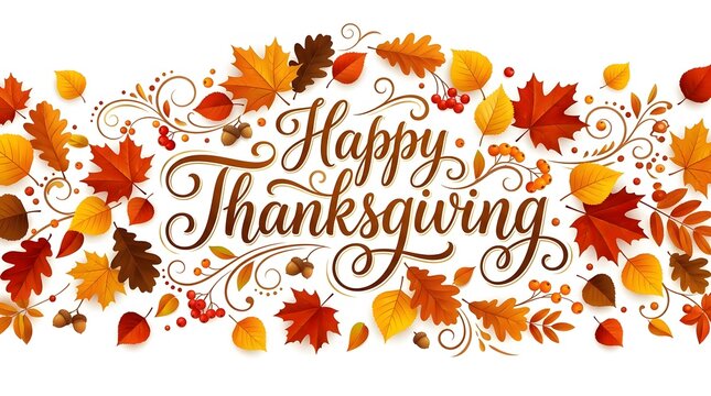 Festive thanksgiving banner with autumn leaves berries and elegant calligraphy