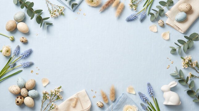 Easter Background Frame with Speckled Eggs, Spring Flowers, White Bunny, and Copy Space