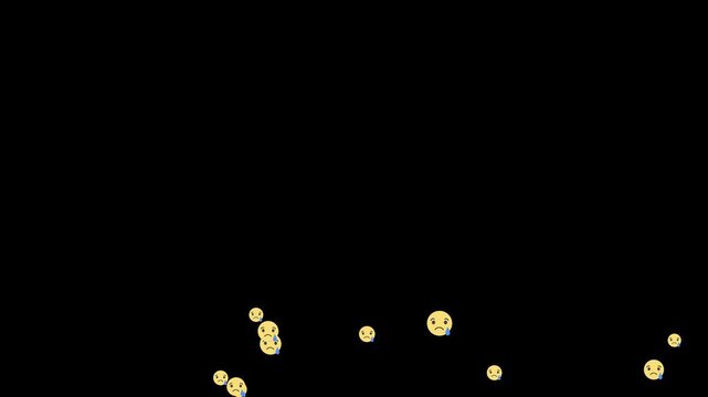 Floating sad crying emoji reactions stream motion graphic loop, social media feedback tear face animation asset on black background