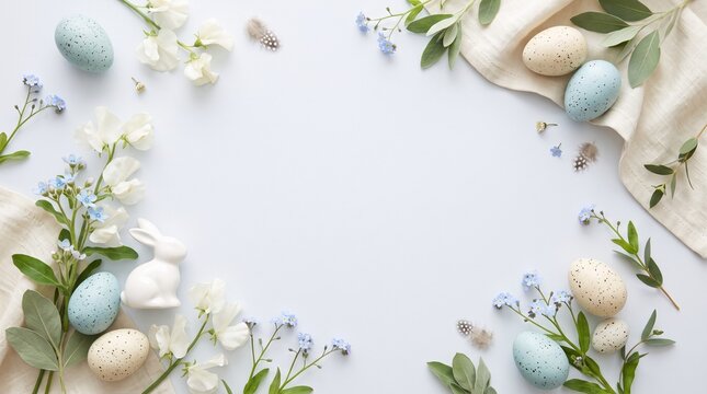 Easter Background Frame with Speckled Eggs, White Bunny, Blue Flowers, and Copy Space