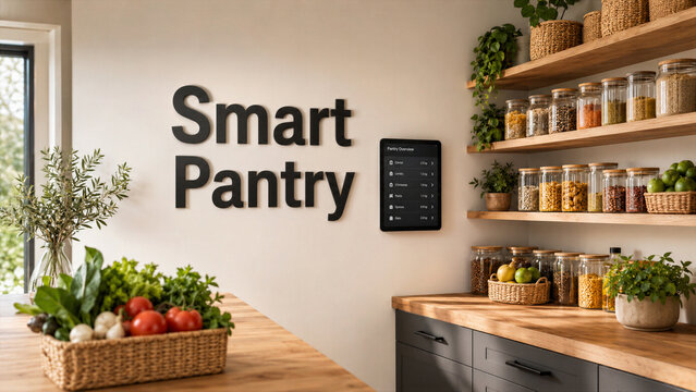 Smart pantry setup with organized shelves and interactive display in a modern kitchen space during daytime