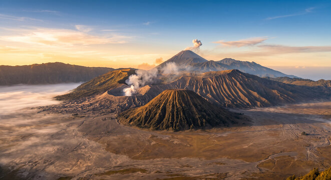 Majestic Mount Bromo volcanic landscape with smoking crater illuminated by warm sunrise light creating an epic mountain panorama in East Java, Indonesia