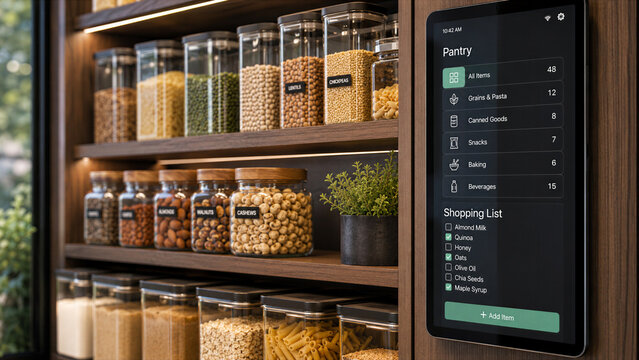 Pantry shelves display various jars of food items and a digital shopping list screen showing pantry details