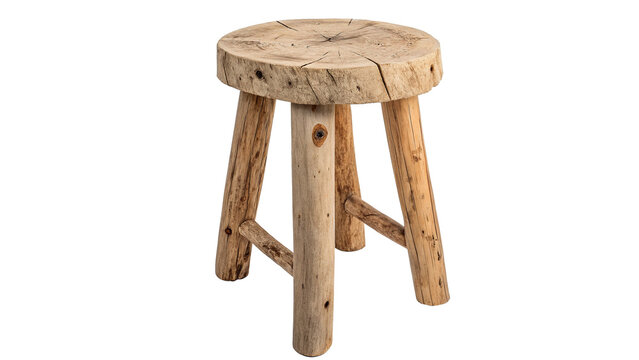 Miniature rustic round carved wooden stool table decoration asset isolated on transparent background cut out