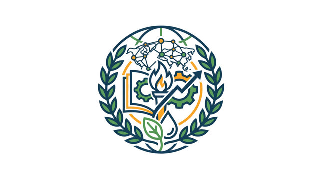 Global education and sustainability emblem with gears.
