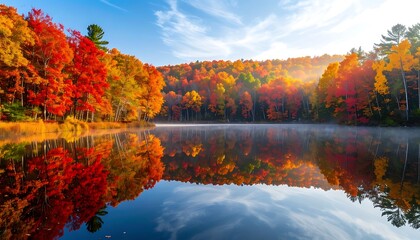 Autumn forest reflection on calm lake at sunset. © adoldesign