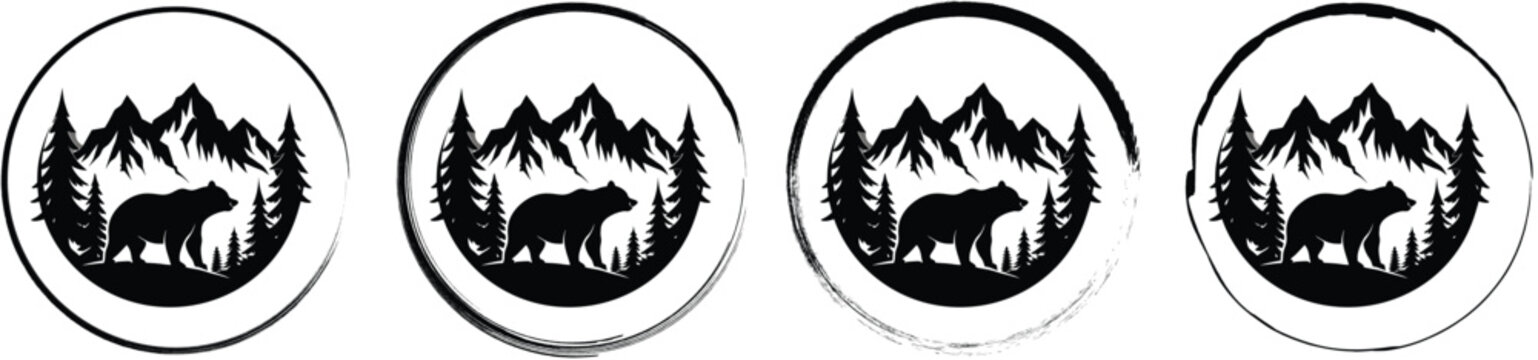 Four circular badges featuring a bear walking in front of a mountain and pine tree forest landscape, isolated on white background