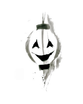 提灯お化けの墨絵 和ハロウィン 墨絵イラスト
