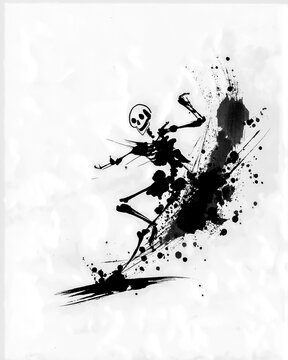 踊る骸骨の墨絵 和ハロウィン 墨絵イラスト

