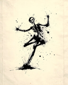 踊る骸骨の墨絵 和ハロウィン 墨絵イラスト

