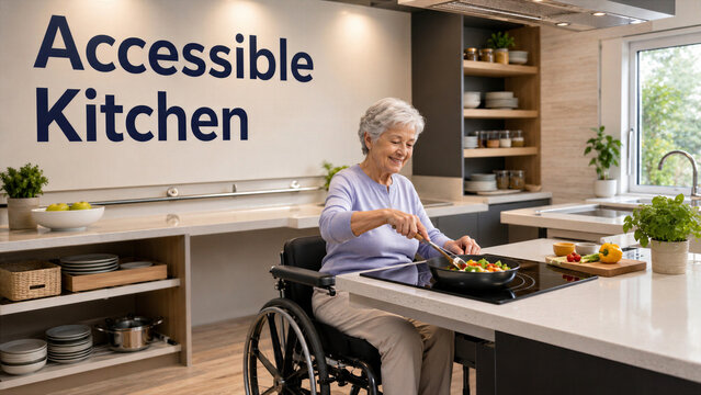 Senior woman cooks in an accessible kitchen with modern design and plenty of space, promoting independence and enjoyment of cooking