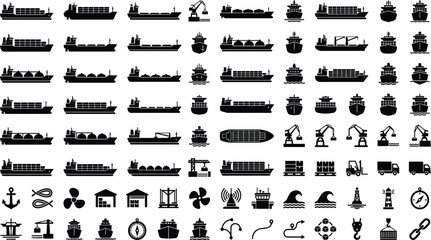 Cargo Ship and Maritime Logistics Silhouette Icon Set with Solid Black Symbols for Tankers, Bulk Carriers, Seaport Terminals, and International Sea Freight Shipping © RUBINA