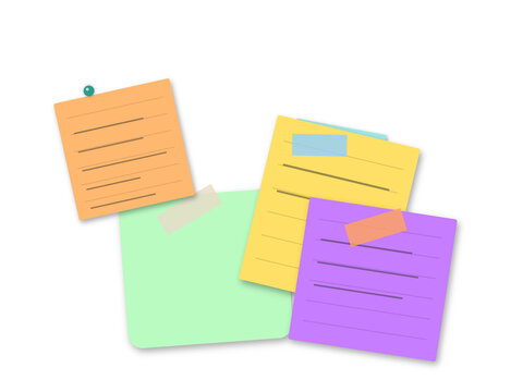 Colorful sticky notes and paper sheets with handwritten text attached with tape and pins isolated on a white background