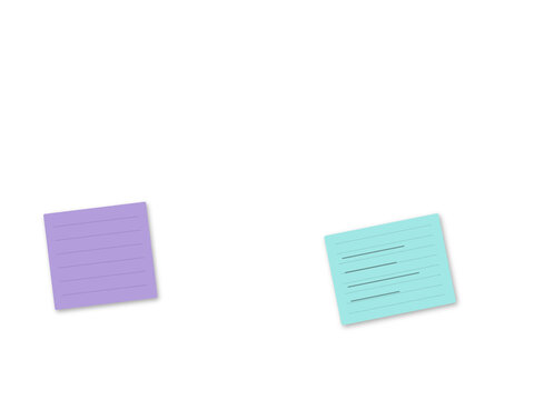 Two colorful sticky notes in purple and light blue isolated on a white background for office reminders and tasks
