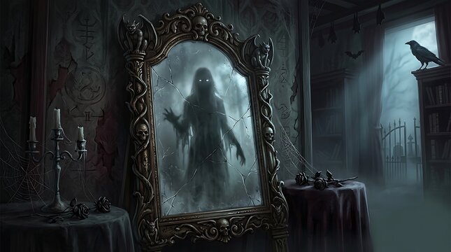 A spooky ghost reflection in an antique mirror inside a dark haunted mansion room with a black raven sitting on a pedestal in the moonlight