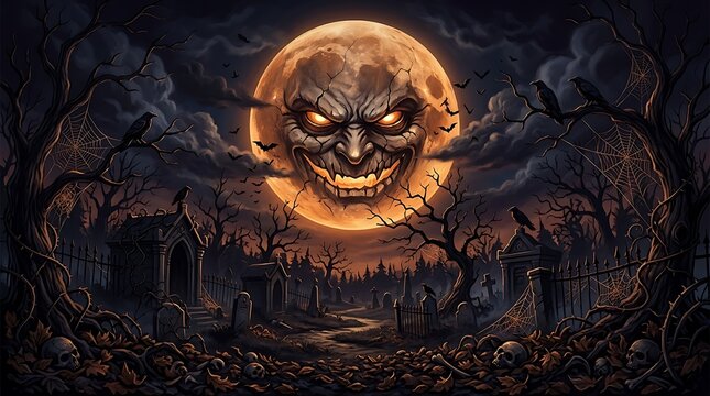 Pixel art of a scary japanese demon mask inside a glowing orange full moon in a dark night forest