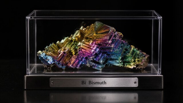 Colorful bismuth crystal displayed in a clear case in a museum setting near the entrance during daytime