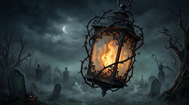 Old metal lantern with burning candle flame hanging in a dark mysterious forest at night