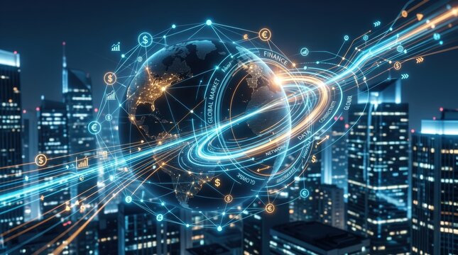 Global finance network over city skyline at night, digital earth globe connection, international stock market exchange, cryptocurrency blockchain technology, world economy data ...