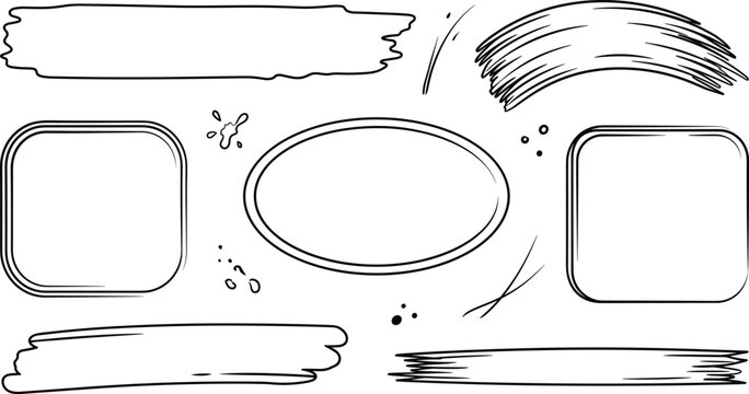 Hand drawn doodle frame and brush stroke line art vector set featuring ink banners oval and square borders