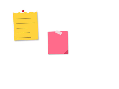 Yellow sticky note with red pin and pink paper sheet attached with adhesive tape for important office messages and reminders