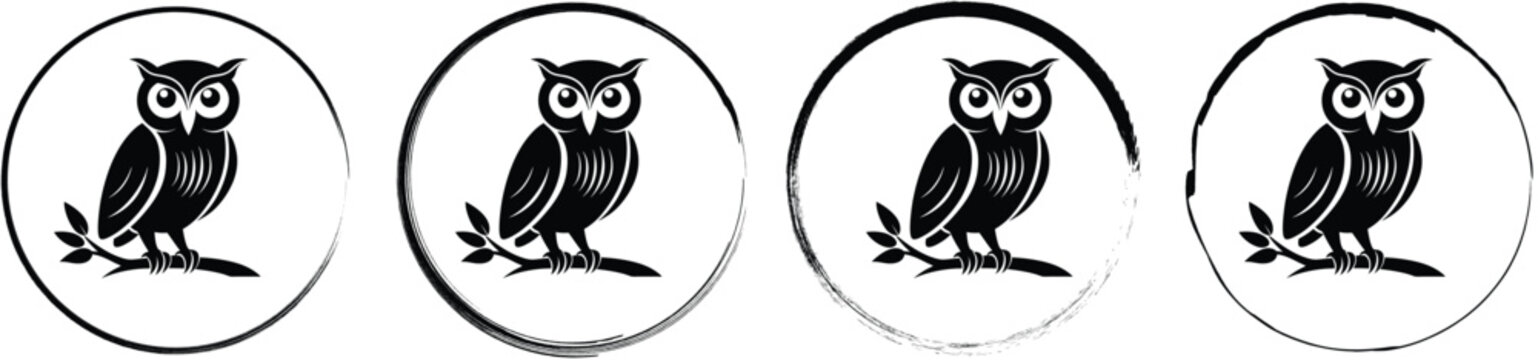 Four circular emblems featuring an owl perched on a tree branch, presented in various black border styles on a white background
