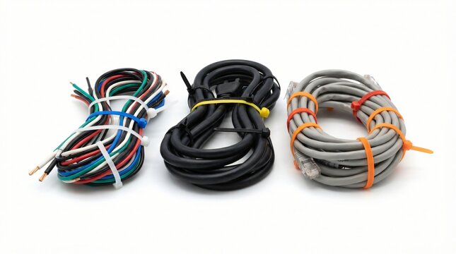 Three neatly coiled bundles of electrical wiring and cables, including multi-colored insulated wires, black cable with a plug, and gray E