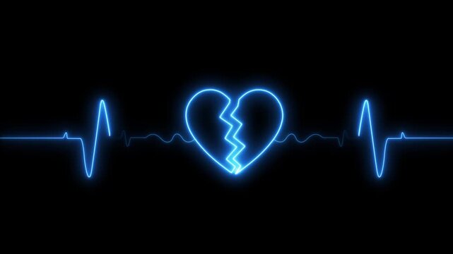 Neon heart beating with pulse wave animation. heartbeat rate and pulse on black background.4k video concept