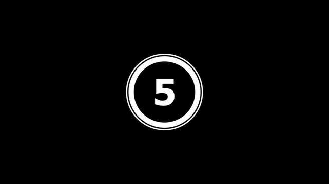 Five seconds countdown timer animation on black background.0 to 5 second modern countdown timer animation. 4K Retro Motion Graphic Loop