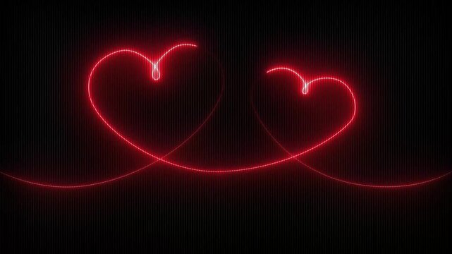 Red color neon glowing Two love hearts concepts. Valentine's Day indicate. Love One line drawing concept. love card neon glowing icon. Motion graphics neon love heart symbol