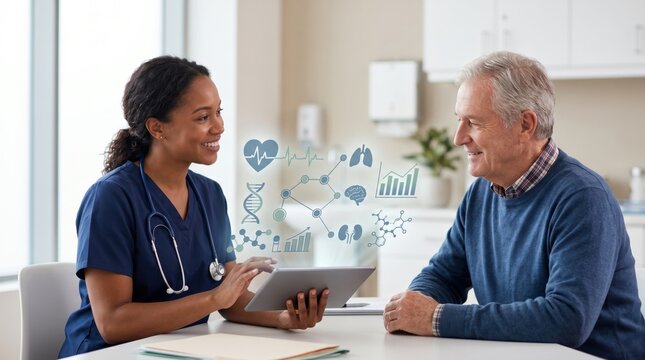 Smiling female doctor showing medical data on tablet to senior patient in clinic, discussing health results, telemedicine concept, healthcare services, hospital consultation, an...