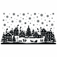 Obraz premium Black and white silhouette of a charming winter village scene with houses, a Christmas tree, falling snow, and people enjoying the festive season.