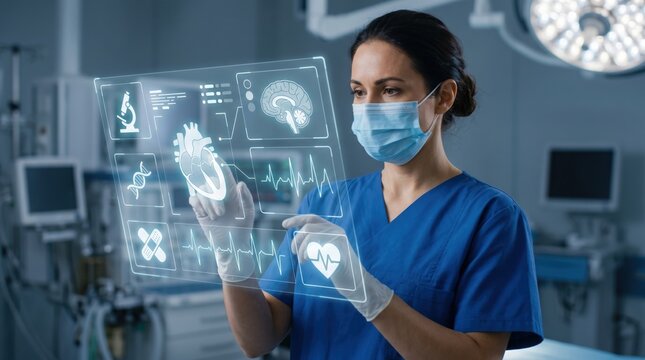 Female doctor in blue scrubs and mask interacting with futuristic medical hologram display showing heart anatomy brain scan and vital signs for advanced healthcare diagnosis tec...