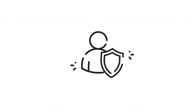 Simple human silhouette line art icon with protective shield, ideal for security, protection, safety, and defenserelated design projects.