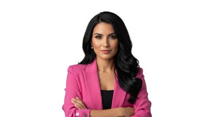 Fototapeta premium Professional woman in pink blazer posing with arms crossed