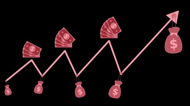 Upward financial growth chart with money icons animation, Stylized upward financial growth chart with money bags and cash icons