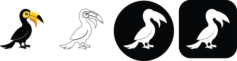Fototapeta premium Set of four toucan featuring black and white silhouettes, outline and circular or square button variations for web