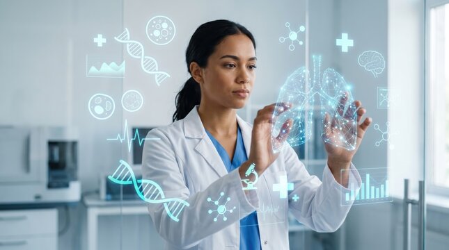 Female doctor analyzing digital lungs hologram in modern laboratory, futuristic medical technology concept for healthcare innovation and respiratory system diagnostics