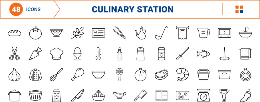 Commercial culinary prep sous chef tools line icon set. Vector pictograms of kitchen, food, cooking, and restaurant elements, thin linear illustration.